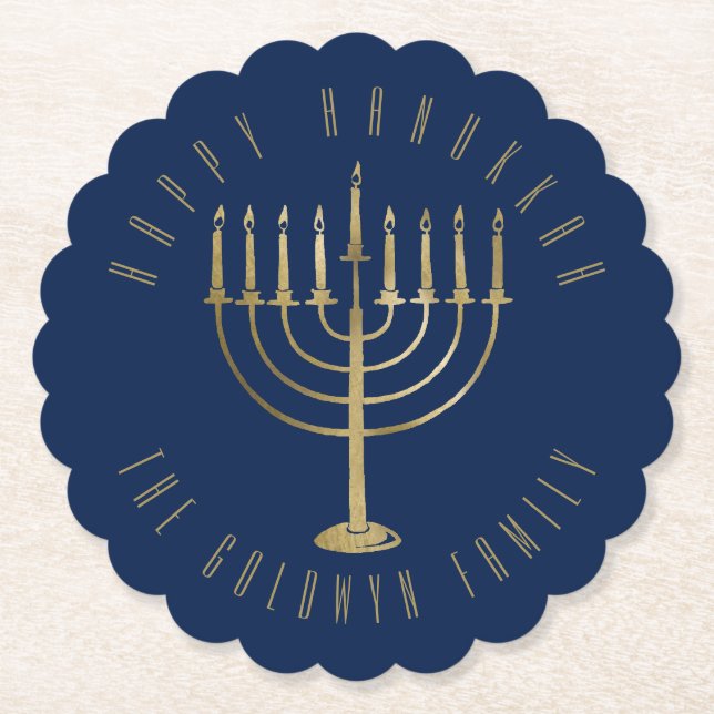 Happy Hanukkah Blue Gold Menorah Holiday Paper Coaster (Front)
