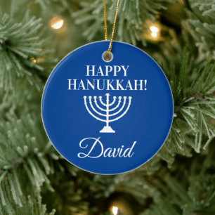 Happy Hanukkah blue menorah custom Jewish Holiday Ceramic Ornament