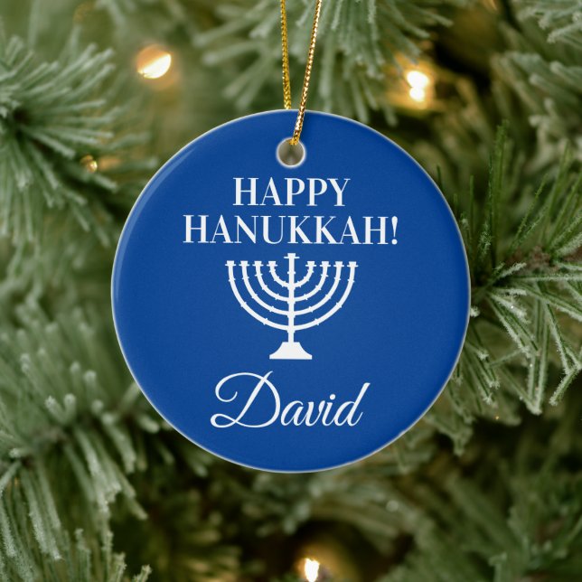 Happy Hanukkah blue menorah custom Jewish Holiday Ceramic Ornament (Tree)