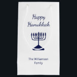 Happy Hanukkah Blue Menorah Holiday  Small Gift Bag<br><div class="desc">Happy Hanukkah Holiday party gift bag,  with a simple blue menorah and script typography design. With white customisable lettering,  you can add your own text. A festive way to celebrate with friends and loved ones.</div>