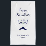Happy Hanukkah Blue Menorah Holiday  Small Gift Bag<br><div class="desc">Happy Hanukkah Holiday party gift bag,  with a simple blue menorah and script typography design. With white customisable lettering,  you can add your own text. A festive way to celebrate with friends and loved ones.</div>