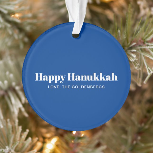 Happy Hanukkah blue modern striped pattern custom Ornament (Tree)