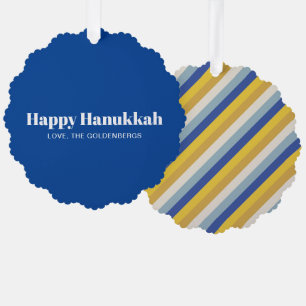 Happy Hanukkah blue modern striped pattern custom Tree Decoration Card