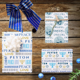 Happy Hanukkah Blue White Childs Name Typography Wrapping Paper Sheet