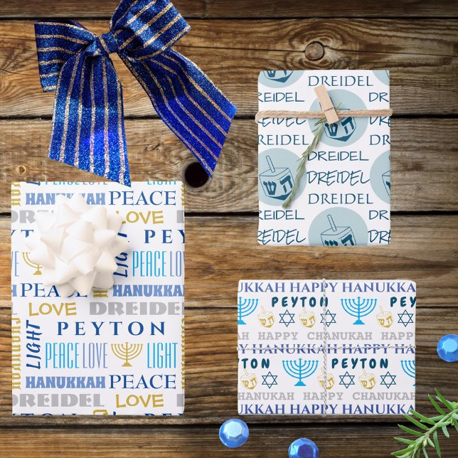 Happy Hanukkah Blue White Childs Name Typography Wrapping Paper Sheet (Creator Uploaded)