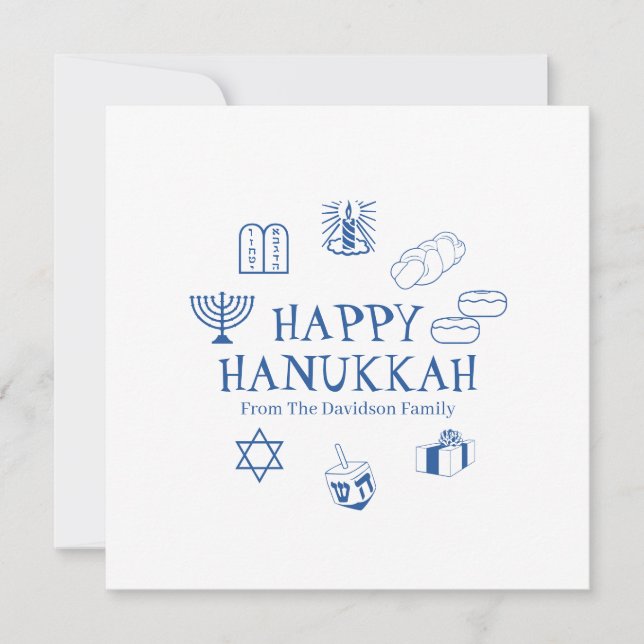 Happy Hanukkah blue white custom family name card (Front)