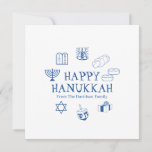 Happy Hanukkah blue white custom family name card<br><div class="desc">Happy Hanukkah,  customise family name greeting card.
Happy Hanukkah,  Happy Chanukah,  Hanukkah Sameach!,  Chag Sameach!,  Chag Urim Sameach!
Blue and white</div>