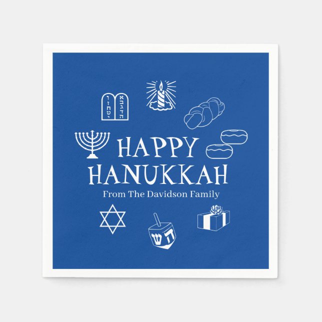 Happy Hanukkah blue & white custom family name Napkin (Front)