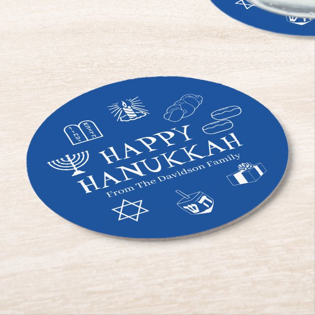 Happy Hanukkah blue & white custom family name Round Paper Coaster (Angled)