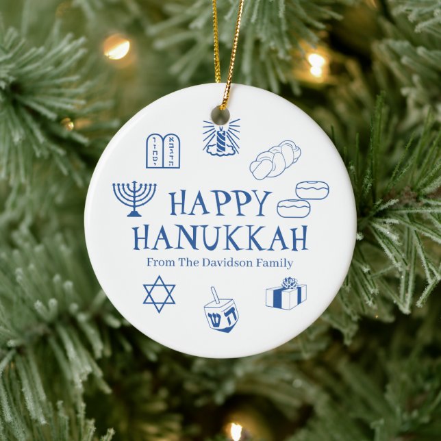 Happy Hanukkah blue white custom name favours Ceramic Ornament (Tree)