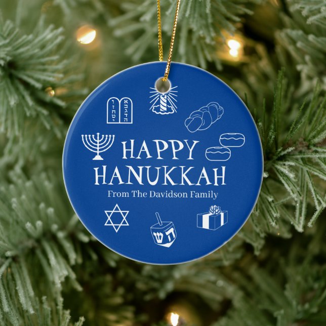 Happy Hanukkah blue & white custom name favours Ceramic Ornament (Tree)