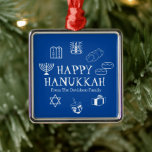 Happy Hanukkah blue & white custom name favours  Metal Ornament<br><div class="desc">Happy Hanukkah,  customise family name gift favour holiday Metal Ornament.
Happy Hanukkah,  Happy Chanukah,  Hanukkah Sameach!,  Chag Sameach!,  Chag Urim Sameach!
Blue and white</div>