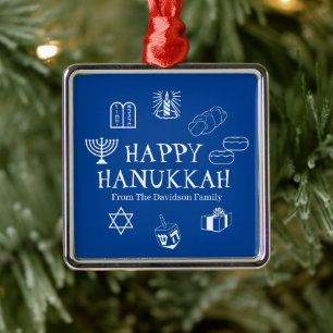 Happy Hanukkah blue & white custom name favours  Metal Ornament
