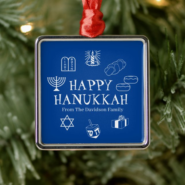 Happy Hanukkah blue & white custom name favours  Metal Ornament (Tree)