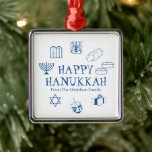 Happy Hanukkah blue white custom name favours Metal Ornament<br><div class="desc">Happy Hanukkah,  customise family name gift favour holiday Metal Ornament.
Happy Hanukkah,  Happy Chanukah,  Hanukkah Sameach!,  Chag Sameach!,  Chag Urim Sameach!
Blue and white</div>