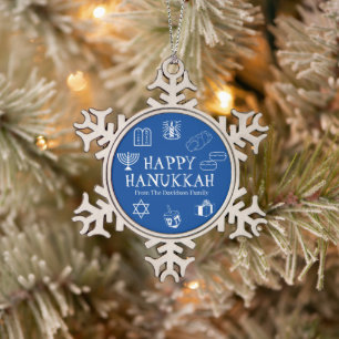 Happy Hanukkah blue & white custom name favours Snowflake Pewter Christmas Ornament