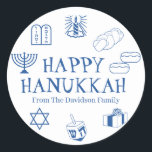 Happy Hanukkah blue white custom name gift favour  Classic Round Sticker<br><div class="desc">Happy Hanukkah,  customise family name gift favour stickers 
Happy Hanukkah,  Happy Chanukah,  Hanukkah Sameach!,  Chag Sameach!,  Chag Urim Sameach!
Blue and white</div>