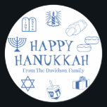Happy Hanukkah blue white custom name gift favour  Classic Round Sticker<br><div class="desc">Happy Hanukkah,  customise family name gift favour stickers 
Happy Hanukkah,  Happy Chanukah,  Hanukkah Sameach!,  Chag Sameach!,  Chag Urim Sameach!
Blue and white</div>
