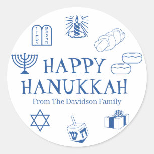 Happy Hanukkah blue white custom name gift favour  Classic Round Sticker