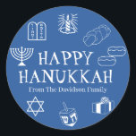 Happy Hanukkah blue white custom name gift favour Classic Round Sticker<br><div class="desc">Happy Hanukkah,  customise family name gift favour stickers 
Happy Hanukkah,  Happy Chanukah,  Hanukkah Sameach!,  Chag Sameach!,  Chag Urim Sameach!
Blue and white</div>