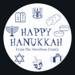 Happy Hanukkah blue white custom name gift favours Classic Round Sticker<br><div class="desc">Happy Hanukkah,  customise family name gift favour stickers 
Happy Hanukkah,  Happy Chanukah,  Hanukkah Sameach!,  Chag Sameach!,  Chag Urim Sameach!
Navy blue and white</div>