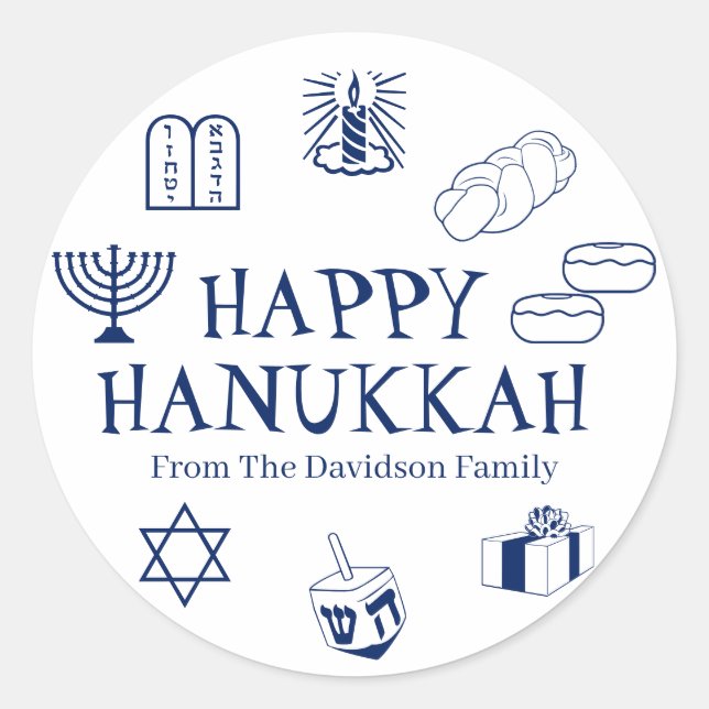 Happy Hanukkah blue white custom name gift favours Classic Round Sticker (Front)