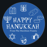 Happy Hanukkah blue white custom text cute modern Classic Round Sticker<br><div class="desc">Happy Hanukkah,  customise family name gift favour stickers.
Happy Hanukkah,  Happy Chanukah,  Hanukkah Sameach!,  Chag Sameach!,  Chag Urim Sameach!
Blue and white</div>