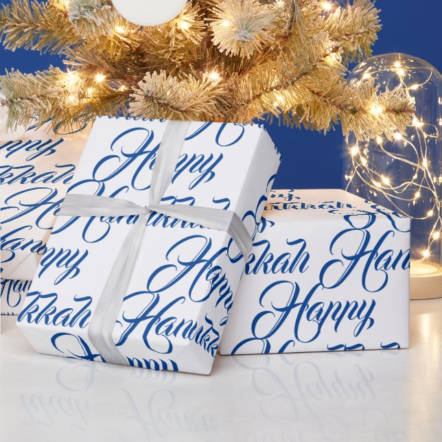 Happy Hanukkah blue & white Jewish elegant script Wrapping Paper (Holidays)