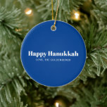 Happy Hanukkah blue white minimalist personalised Ceramic Ornament<br><div class="desc">Happy Hanukkah blue and white modern typography minimalist simple elegant personalised Hanukkah ornament.
Fully customisable white text,  on blue background.</div>