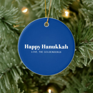 Happy Hanukkah blue white minimalist personalised Ceramic Ornament