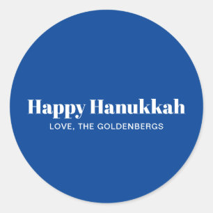 Happy Hanukkah blue white minimalist personalized Classic Round Sticker