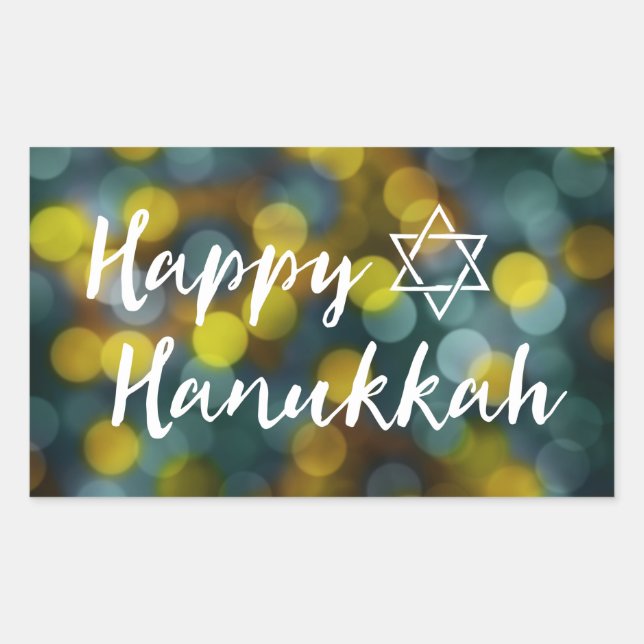 happy hanukkah bokeh lights rectangular sticker (Front)