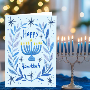 Happy Hanukkah Botanical Menorah Watercolor Holiday Card