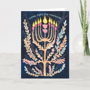 Happy Hanukkah Botanical Menorah Watercolor Holiday Card