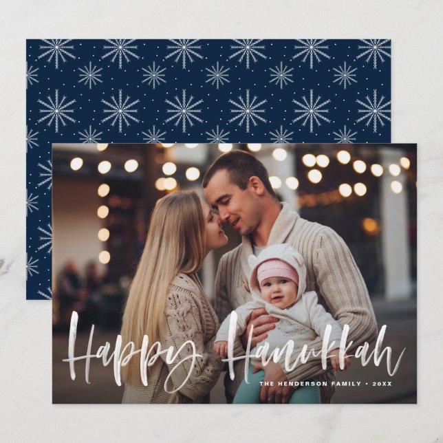 Happy Hanukkah Brush Lettering Photo Holiday Card (Front/Back)