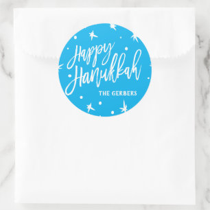 Happy Hanukkah Brush Script Custom Name Classic Round Sticker