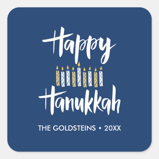 Happy Hanukkah Candles blue yellow custom holiday Square Sticker (Front)
