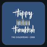 Happy Hanukkah Candles blue yellow custom holiday Square Sticker<br><div class="desc">Seal you Hanukkah mailing or your gift for the holidays with this funny stickers featuring "Happy Hanukkah" in modern brushed typography and a decor of candles in yellow and blue.
Add your name or message using the template</div>