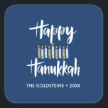 Happy Hanukkah Candles blue yellow custom holiday Square Sticker<br><div class="desc">Seal you Hanukkah mailing or your gift for the holidays with this funny stickers featuring "Happy Hanukkah" in modern brushed typography and a decor of candles in yellow and blue.
Add your name or message using the template</div>