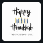 Happy Hanukkah Candles blue yellow custom holiday Square Sticker<br><div class="desc">Seal you Hanukkah mailing or your gift for the holidays with this funny stickers featuring "Happy Hanukkah" in modern brushed typography and a decor of candles in yellow and blue.
Add your name or message using the template</div>