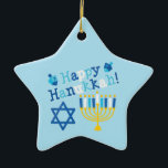 Happy Hanukkah Ceramic Tree Decoration<br><div class="desc">Happy Hanukkah text with a menorah,  Star of David and two dreidels. Shades of blue,  white and yellow.</div>