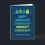 Happy Hanukkah Chanukah Dreidel Greeting Card<br><div class="desc">Share the joy of the holiday season with your friends and family with this humorous Happy Hanukkah Chanukah Dreidel Greeting Card. This design features colorful dreidels on a navy background surrounded by confetti. Pair with other items from the Hanukkah Dreidel Party collection for a cohesive,  festive celebration.</div>