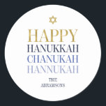 Happy Hanukkah Chanukah Holiday Round Sticker<br><div class="desc">Faux simulated gold foil design is incorporated in this design. Personalise the custom text above. You can find additional coordinating items in our "Happy Hanukkah Chanukah" collection.</div>