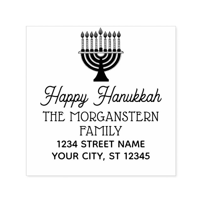 Happy Hanukkah Chanukah Lit Menorah Name Address Self-inking Stamp (Design)