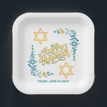 HAPPY HANUKKAH Chanukah Paper Plate<br><div class="desc">Stylish HAPPY HANUKKAH Chanukah Paper Party Napkins, with CUSTOMIZABLE TEXT, especially designed with the Star of David, corner embroidery and descriptive typography. The Scripture verse at the bottom is CUSTOMIZABLE so you can add your personalised message, eg. your name, family name or organisation's name. These Hanukkah Napkins would be a...</div>