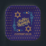 HAPPY HANUKKAH Chanukah Paper Plate<br><div class="desc">Stylish HAPPY HANUKKAH Chanukah Paper Plates, with CUSTOMIZABLE TEXT, especially designed with the Star of David, corner embroidery and descriptive typography. The Scripture verse at the bottom is CUSTOMIZABLE so you can add your personalised message, eg. your name, family name or organisation's name. These Hanukkah Plates would be a stylish...</div>