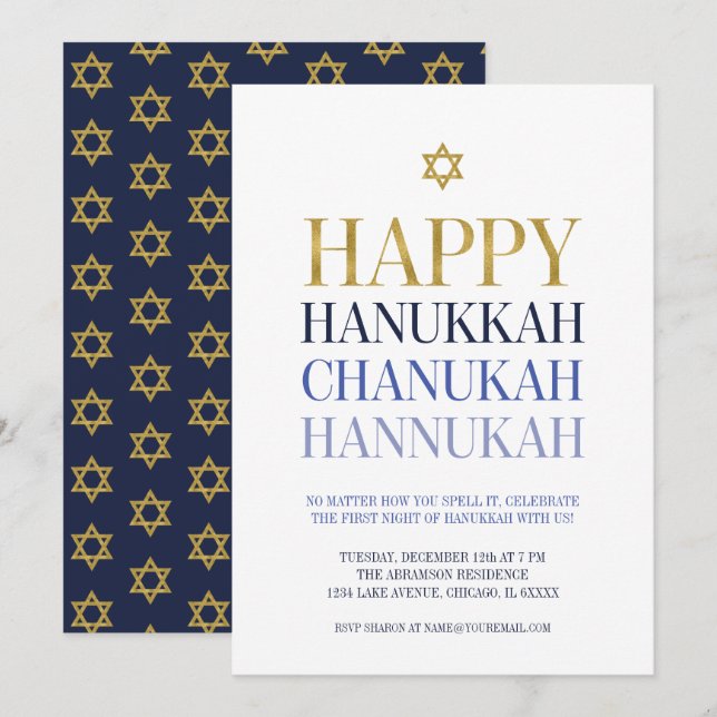 Happy Hanukkah Chanukah Party Invitation Card (Front/Back)