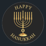 Happy Hanukkah Classic Round Sticker<br><div class="desc">Golden Happy Hanukkah sticker.</div>
