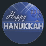 Happy Hanukkah Classic Round Sticker<br><div class="desc">Blue and white stars with menorah and stars with Happy Hanukkah in silver lettering.  Perfect Haukkah design for your decorations and festivities.</div>