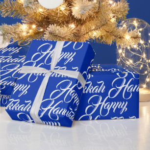 Happy Hanukkah cobalt blue white modern script Wrapping Paper